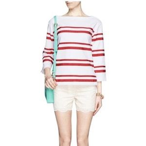 Tory burch white boat neck top with red ribbon